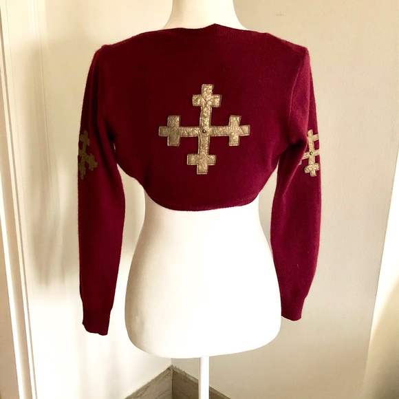 Deborah Lindquist Sweaters - Deep Red Shrug w/Metallic cross emblems